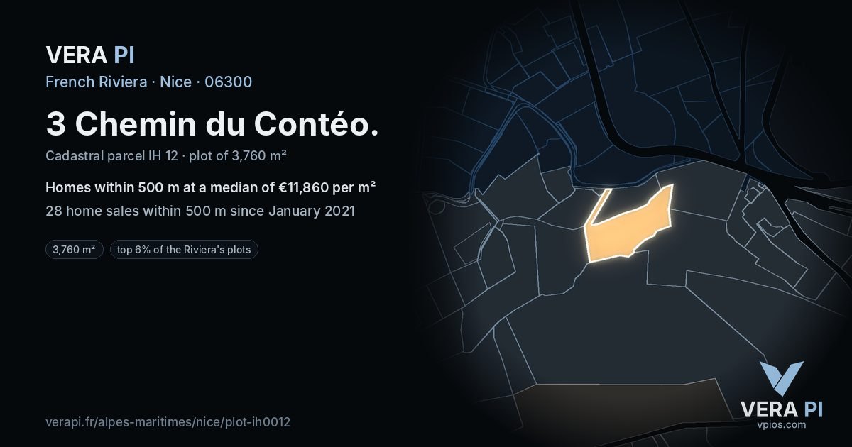 3 Chemin du Contéo, Nice at night – the plot lit, the parcels around coloured by the prices near them