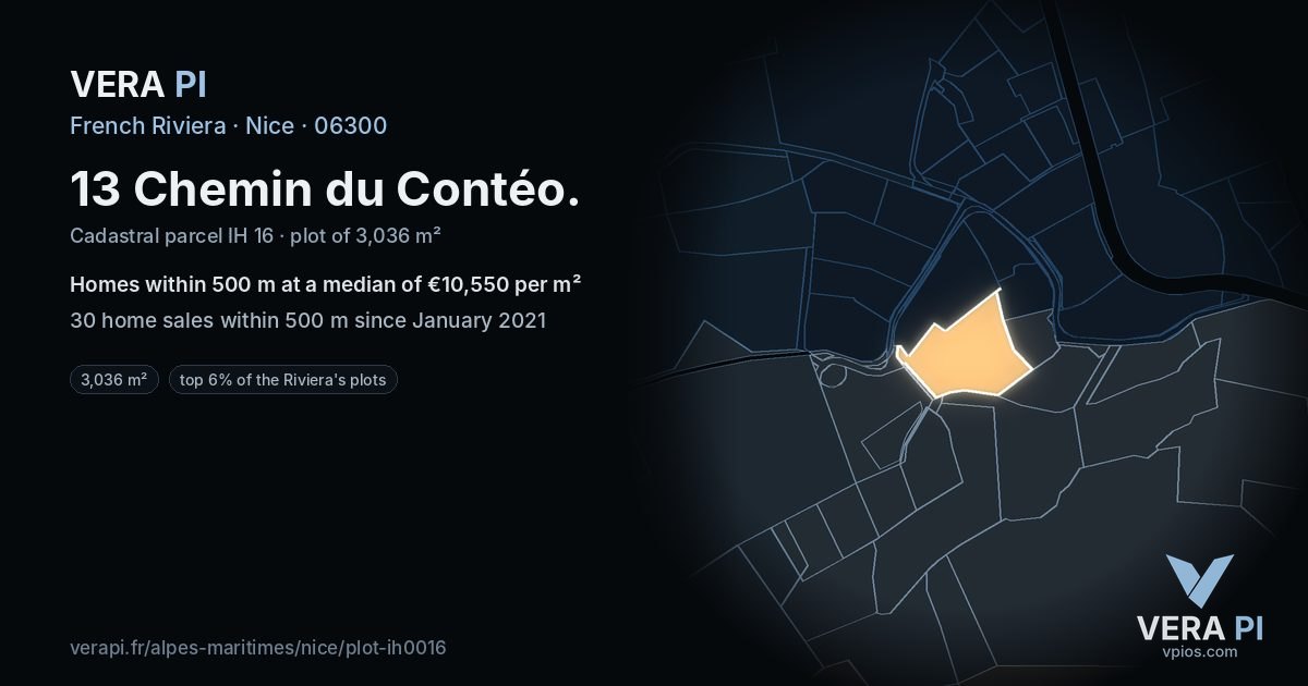 13 Chemin du Contéo, Nice at night – the plot lit, the parcels around coloured by the prices near them