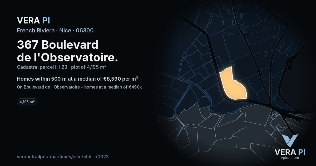 367 Boulevard de l'Observatoire, Nice at night – the plot lit, the parcels around coloured by the prices near them