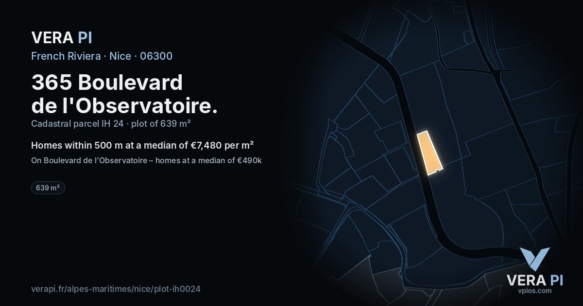 365 Boulevard de l'Observatoire, Nice at night – the plot lit, the parcels around coloured by the prices near them