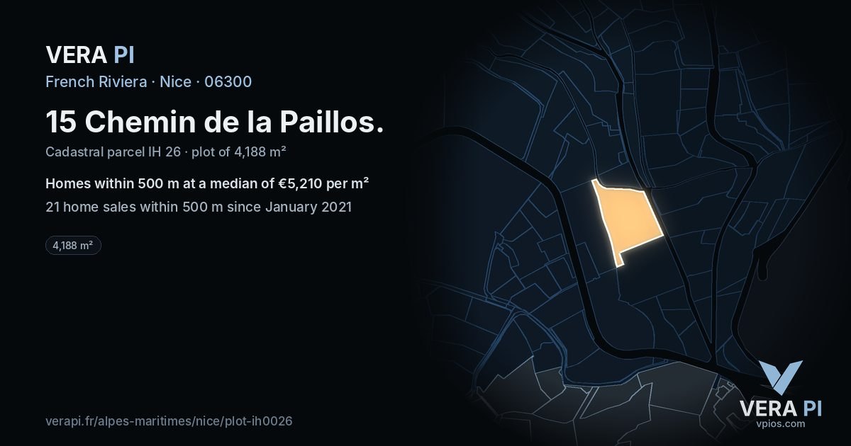 15 Chemin de la Paillos, Nice at night – the plot lit, the parcels around coloured by the prices near them