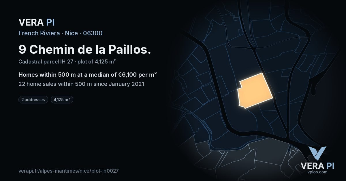 9 Chemin de la Paillos, Nice at night – the plot lit, the parcels around coloured by the prices near them