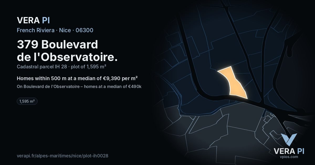 379 Boulevard de l'Observatoire, Nice at night – the plot lit, the parcels around coloured by the prices near them