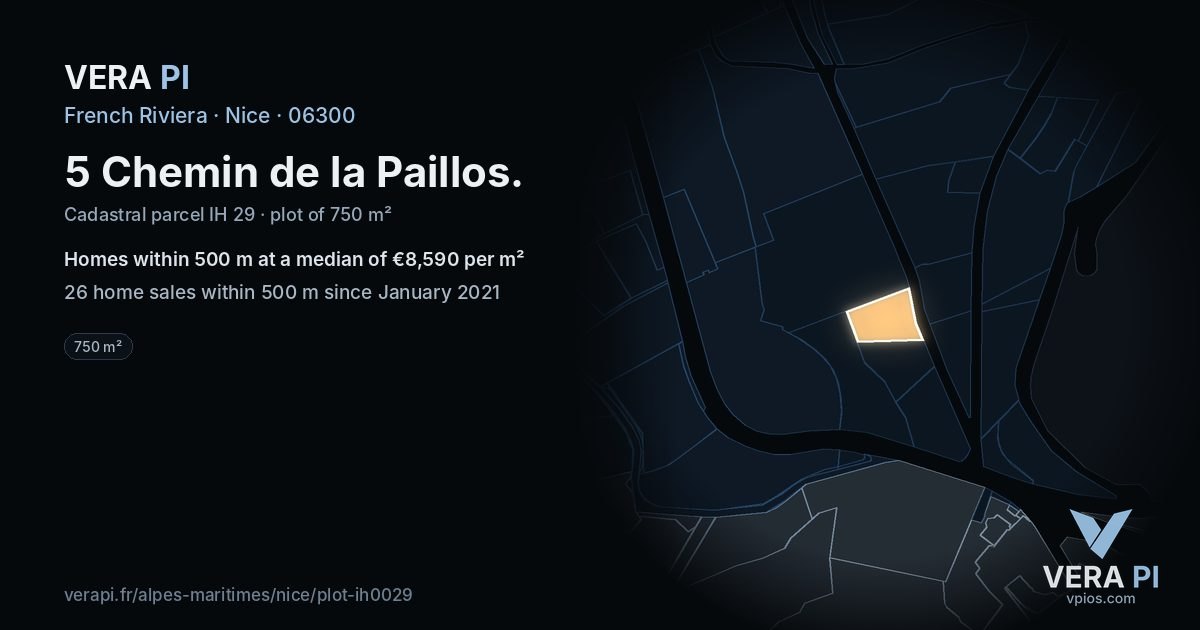 5 Chemin de la Paillos, Nice at night – the plot lit, the parcels around coloured by the prices near them