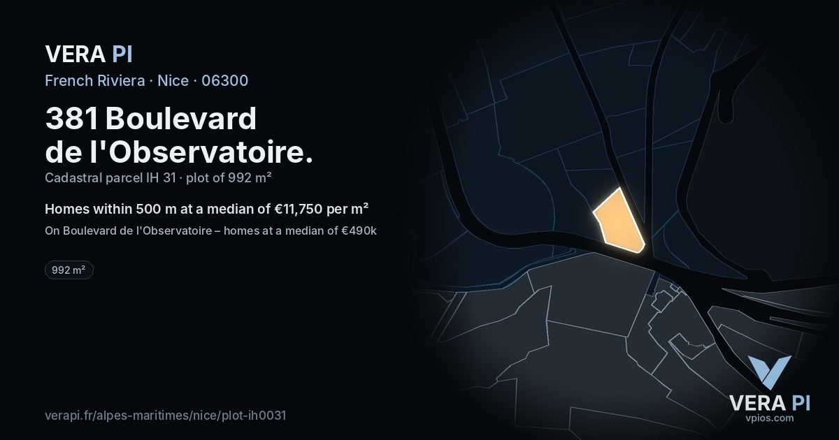 381 Boulevard de l'Observatoire, Nice at night – the plot lit, the parcels around coloured by the prices near them