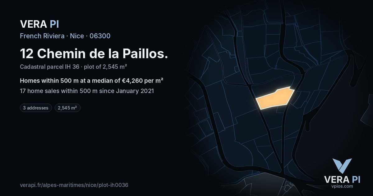 12 Chemin de la Paillos, Nice at night – the plot lit, the parcels around coloured by the prices near them
