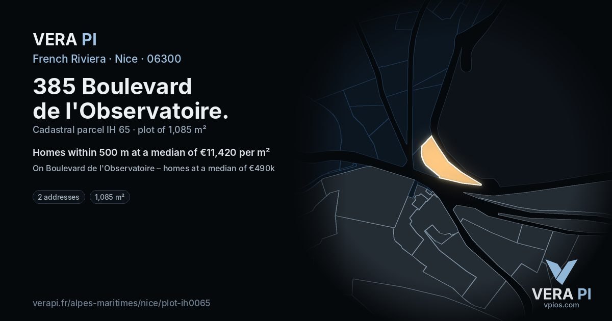 385 Boulevard de l'Observatoire, Nice at night – the plot lit, the parcels around coloured by the prices near them