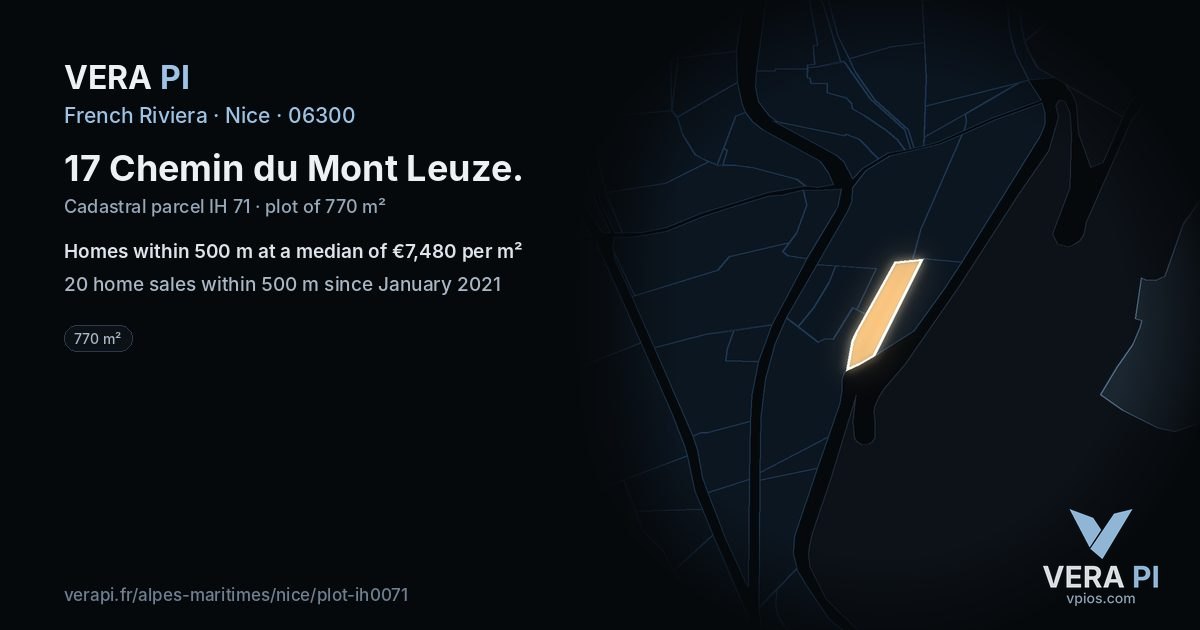 17 Chemin du Mont Leuze, Nice at night – the plot lit, the parcels around coloured by the prices near them