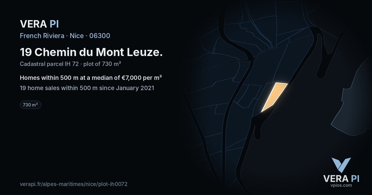 19 Chemin du Mont Leuze, Nice at night – the plot lit, the parcels around coloured by the prices near them