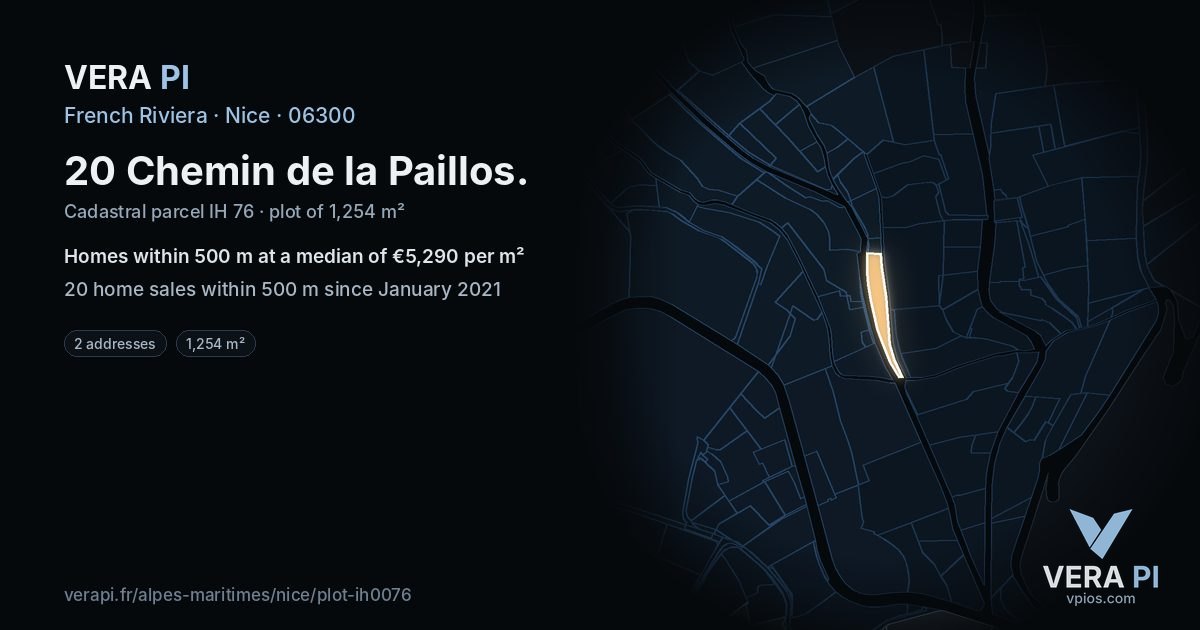 20 Chemin de la Paillos, Nice at night – the plot lit, the parcels around coloured by the prices near them