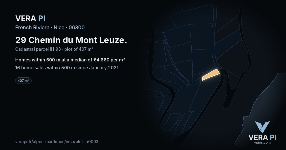 29 Chemin du Mont Leuze, Nice at night – the plot lit, the parcels around coloured by the prices near them