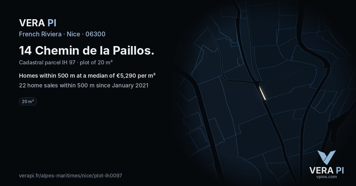 14 Chemin de la Paillos, Nice at night – the plot lit, the parcels around coloured by the prices near them