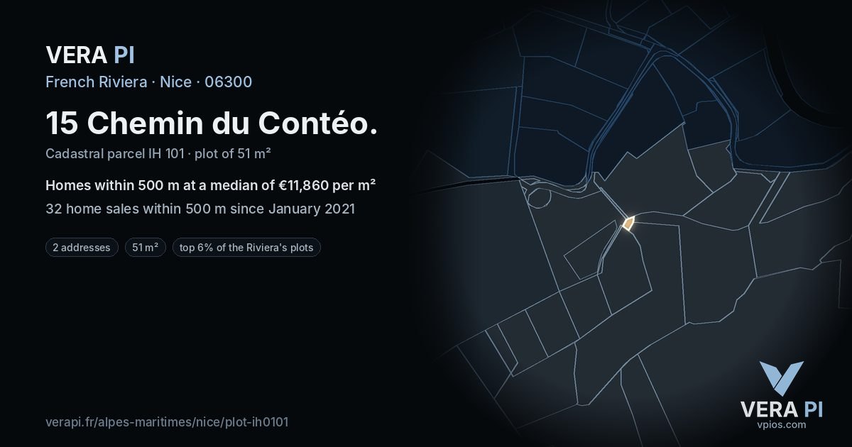 15 Chemin du Contéo, Nice at night – the plot lit, the parcels around coloured by the prices near them