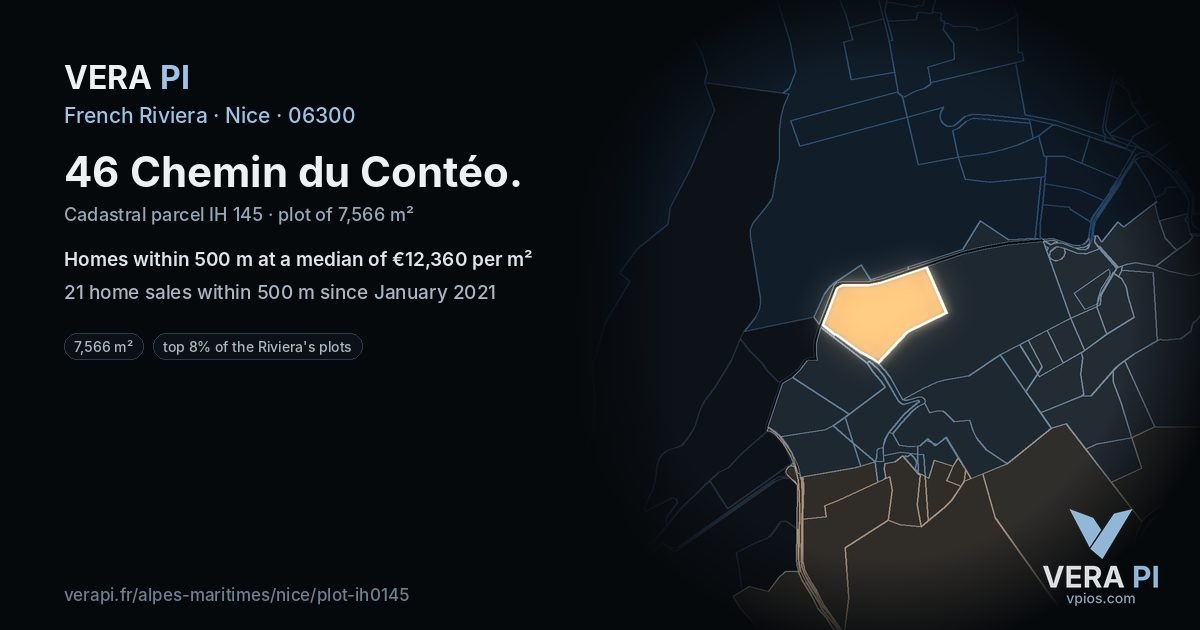 46 Chemin du Contéo, Nice at night – the plot lit, the parcels around coloured by the prices near them
