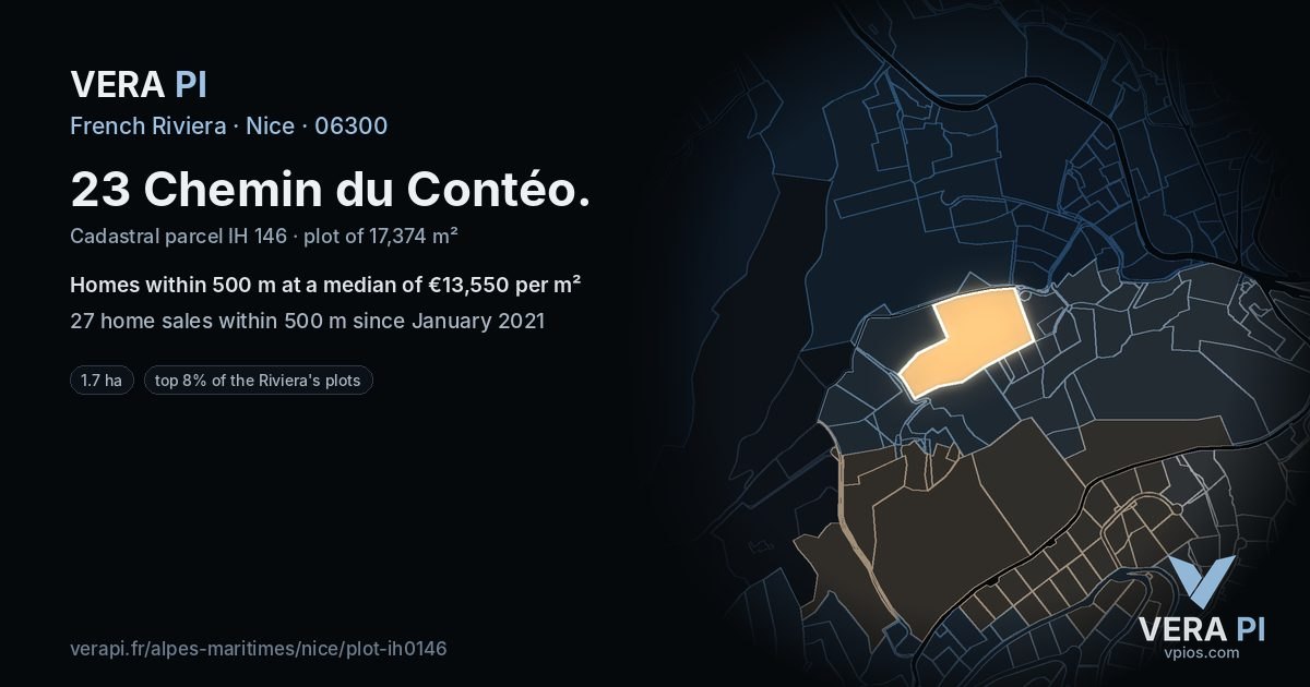 23 Chemin du Contéo, Nice at night – the plot lit, the parcels around coloured by the prices near them