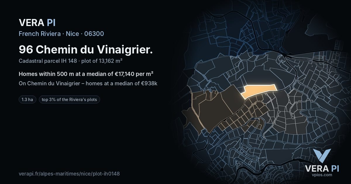 96 Chemin du Vinaigrier, Nice at night – the plot lit, the parcels around coloured by the prices near them
