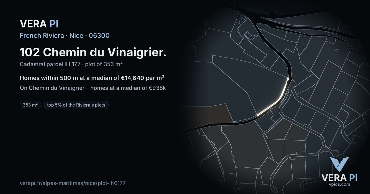 102 Chemin du Vinaigrier, Nice at night – the plot lit, the parcels around coloured by the prices near them