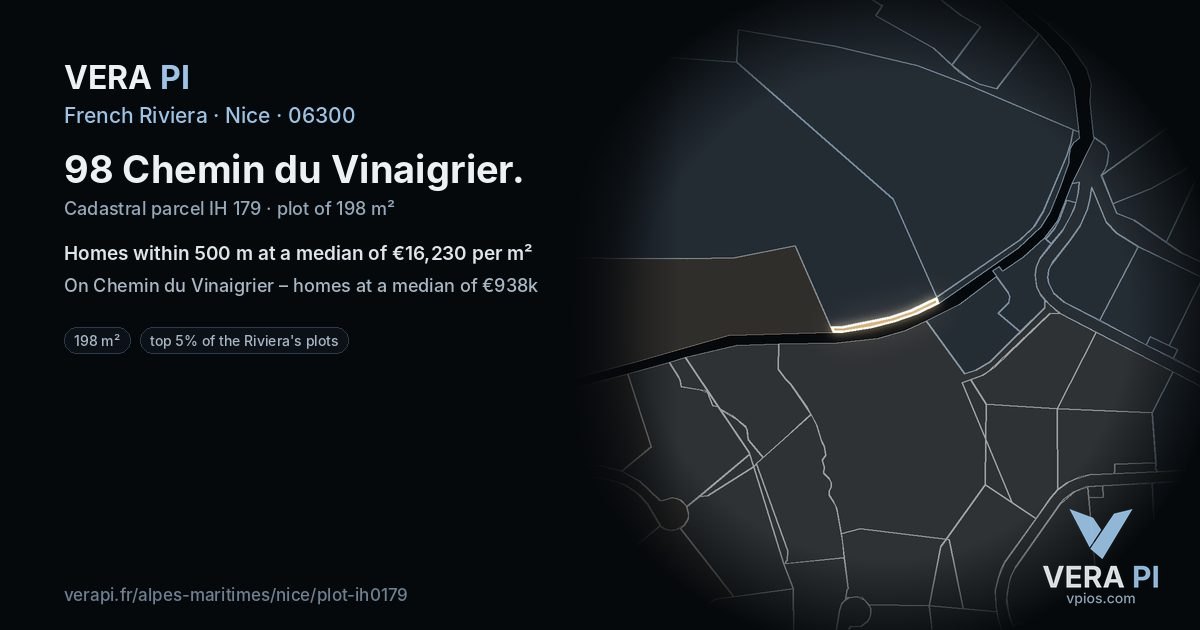 98 Chemin du Vinaigrier, Nice at night – the plot lit, the parcels around coloured by the prices near them