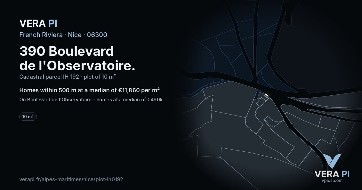 390 Boulevard de l'Observatoire, Nice at night – the plot lit, the parcels around coloured by the prices near them