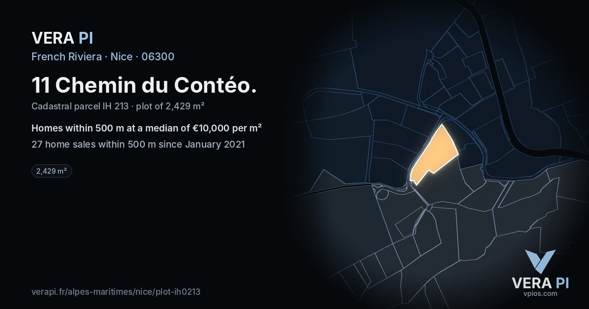 11 Chemin du Contéo, Nice at night – the plot lit, the parcels around coloured by the prices near them