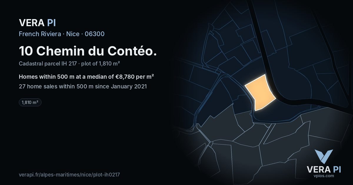 10 Chemin du Contéo, Nice at night – the plot lit, the parcels around coloured by the prices near them