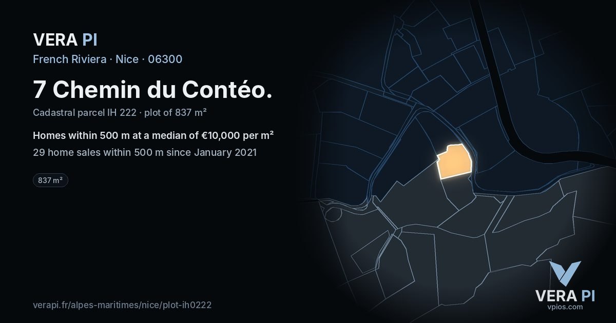 7 Chemin du Contéo, Nice at night – the plot lit, the parcels around coloured by the prices near them