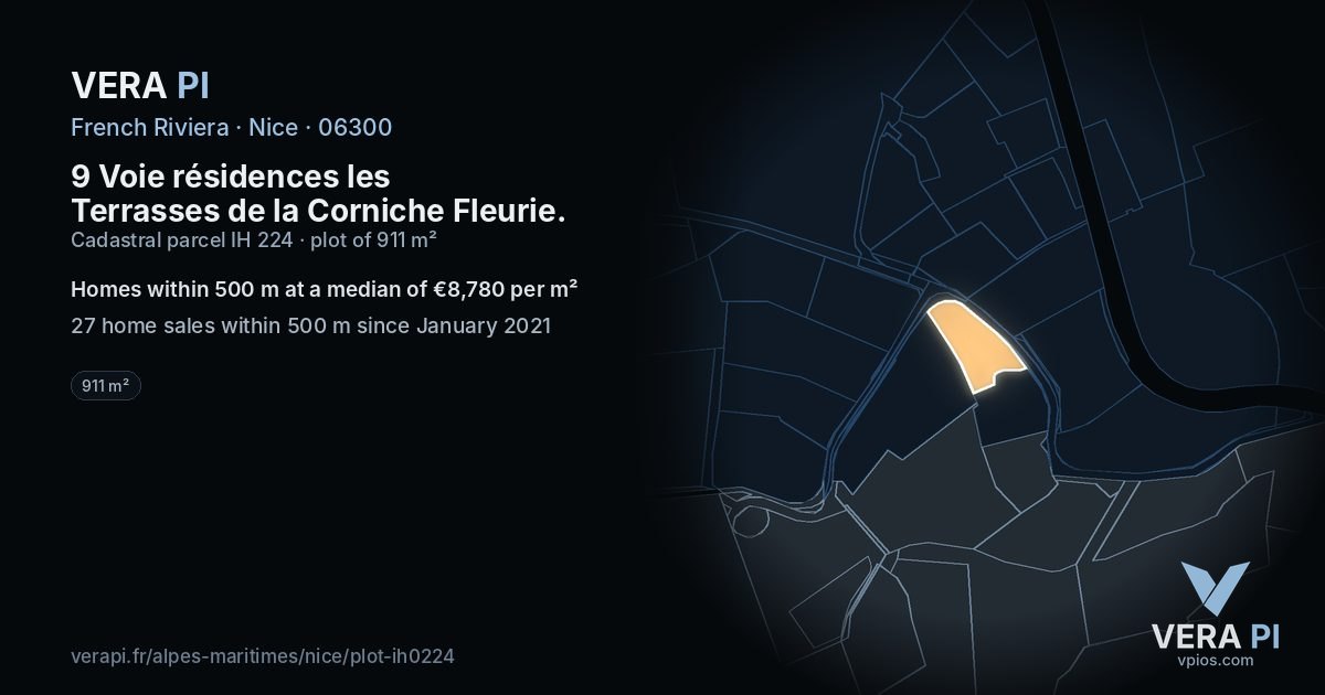 9 Voie résidences les Terrasses de la Corniche Fleurie, Nice at night – the plot lit, the parcels around coloured by the prices near them