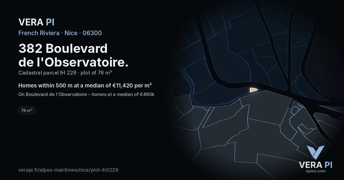 382 Boulevard de l'Observatoire, Nice at night – the plot lit, the parcels around coloured by the prices near them