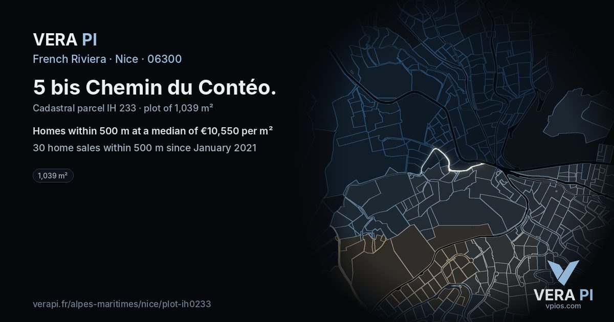 5 bis Chemin du Contéo, Nice at night – the plot lit, the parcels around coloured by the prices near them