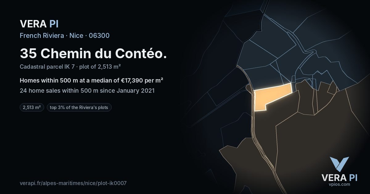 35 Chemin du Contéo, Nice at night – the plot lit, the parcels around coloured by the prices near them