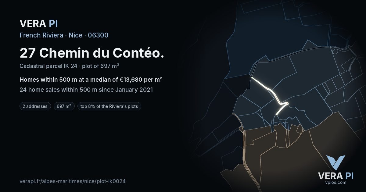 27 Chemin du Contéo, Nice at night – the plot lit, the parcels around coloured by the prices near them
