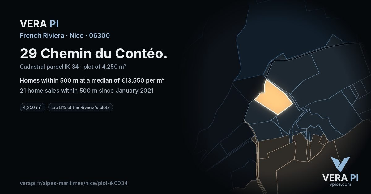 29 Chemin du Contéo, Nice at night – the plot lit, the parcels around coloured by the prices near them