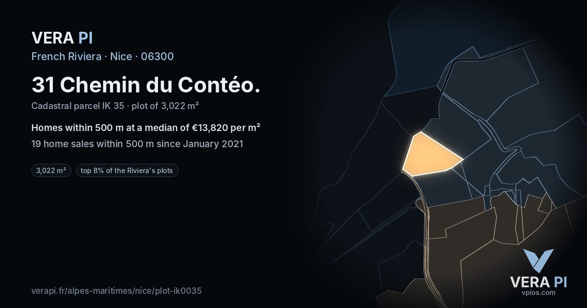 31 Chemin du Contéo, Nice at night – the plot lit, the parcels around coloured by the prices near them