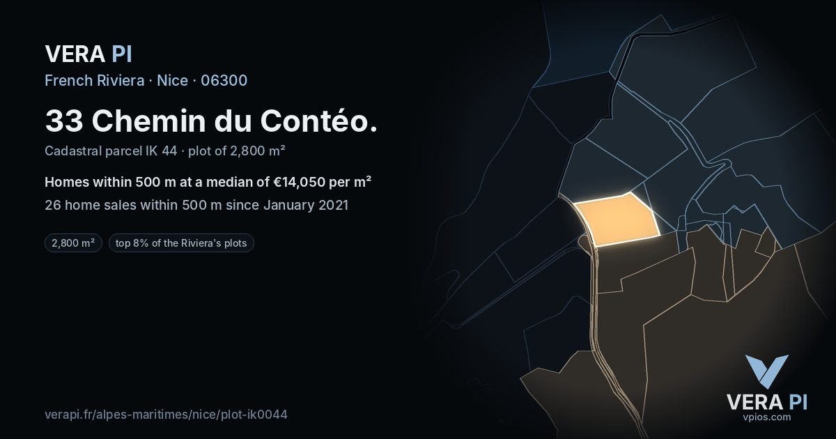 33 Chemin du Contéo, Nice at night – the plot lit, the parcels around coloured by the prices near them