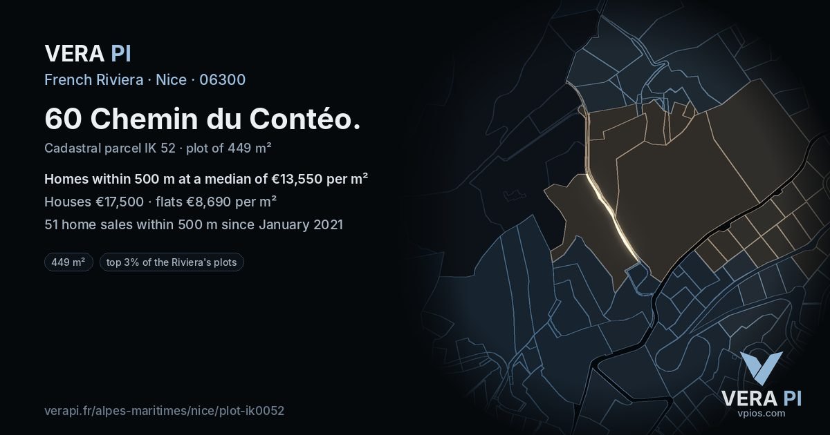 60 Chemin du Contéo, Nice at night – the plot lit, the parcels around coloured by the prices near them