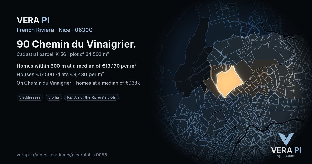 90 Chemin du Vinaigrier, Nice at night – the plot lit, the parcels around coloured by the prices near them