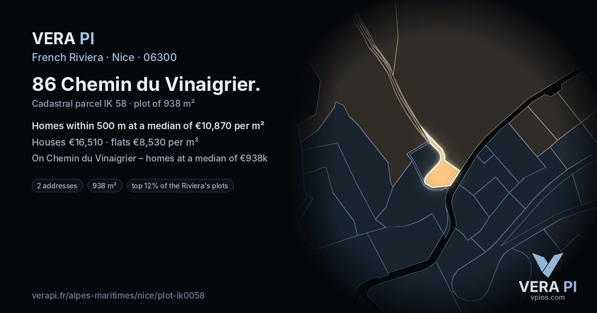 86 Chemin du Vinaigrier, Nice at night – the plot lit, the parcels around coloured by the prices near them