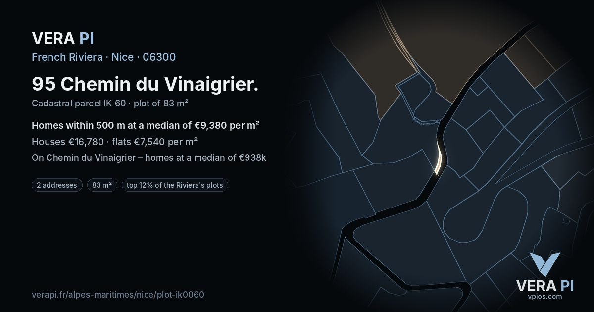95 Chemin du Vinaigrier, Nice at night – the plot lit, the parcels around coloured by the prices near them