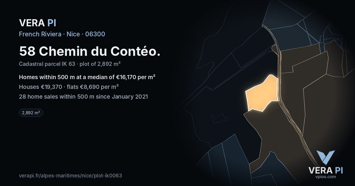 58 Chemin du Contéo, Nice at night – the plot lit, the parcels around coloured by the prices near them