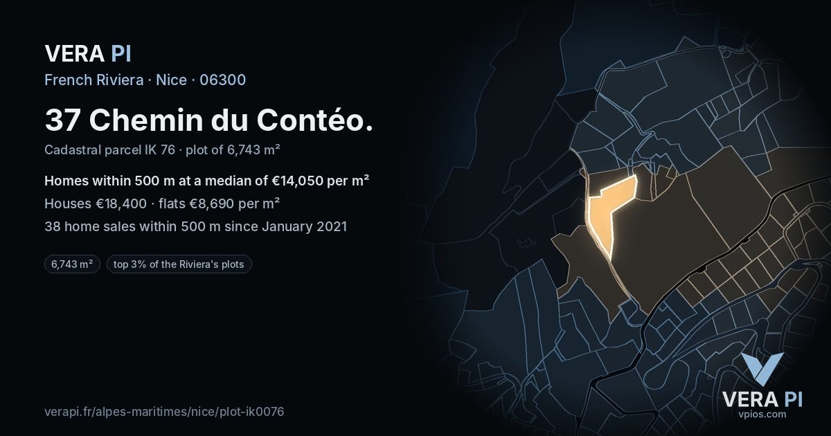 37 Chemin du Contéo, Nice at night – the plot lit, the parcels around coloured by the prices near them