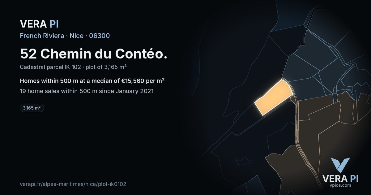 52 Chemin du Contéo, Nice at night – the plot lit, the parcels around coloured by the prices near them