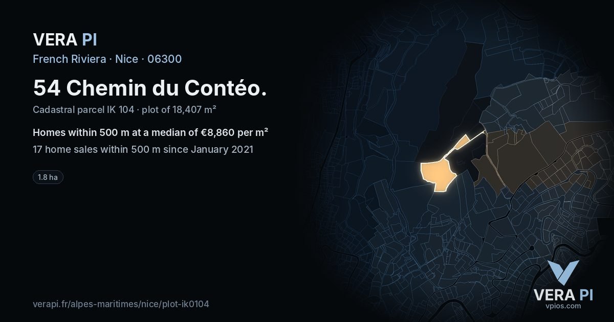 54 Chemin du Contéo, Nice at night – the plot lit, the parcels around coloured by the prices near them