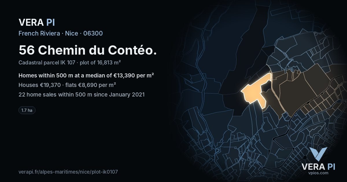 56 Chemin du Contéo, Nice at night – the plot lit, the parcels around coloured by the prices near them