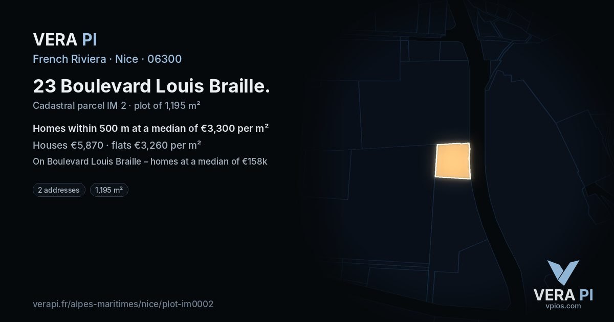 23 Boulevard Louis Braille, Nice at night – the plot lit, the parcels around coloured by the prices near them