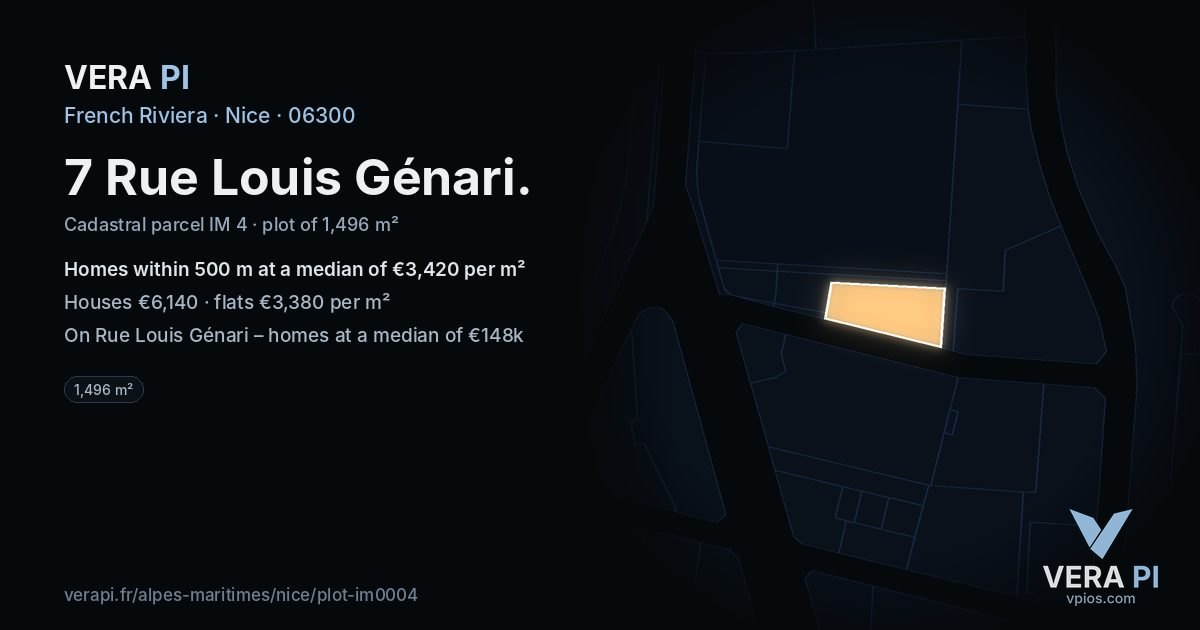 7 Rue Louis Génari, Nice at night – the plot lit, the parcels around coloured by the prices near them