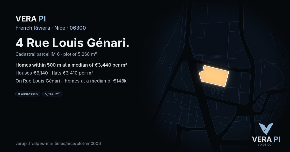 4 Rue Louis Génari, Nice at night – the plot lit, the parcels around coloured by the prices near them