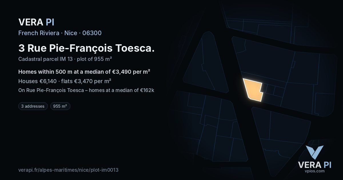 3 Rue Pie-François Toesca, Nice at night – the plot lit, the parcels around coloured by the prices near them