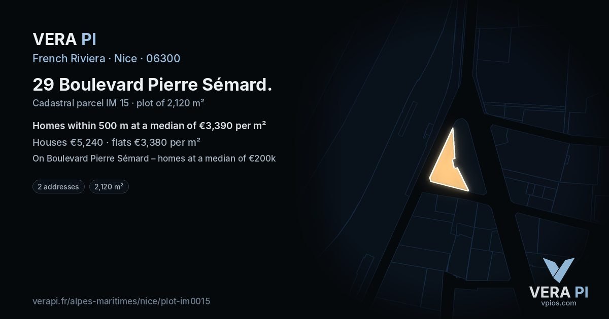 29 Boulevard Pierre Sémard, Nice at night – the plot lit, the parcels around coloured by the prices near them