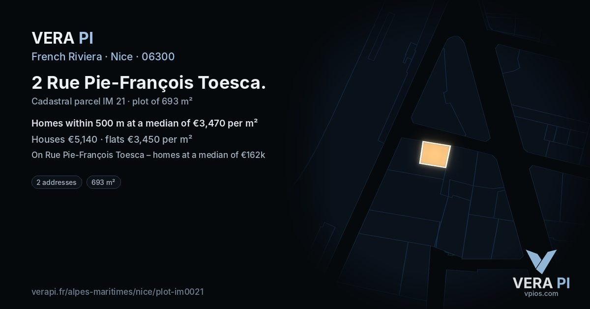 2 Rue Pie-François Toesca, Nice at night – the plot lit, the parcels around coloured by the prices near them