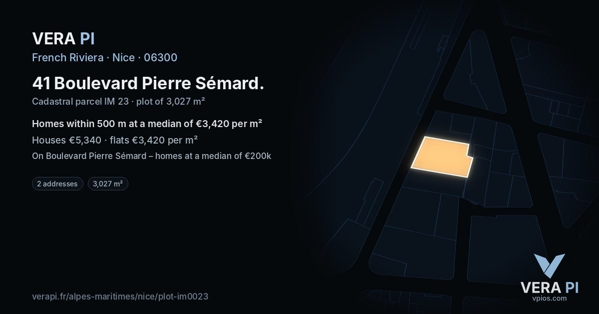 41 Boulevard Pierre Sémard, Nice at night – the plot lit, the parcels around coloured by the prices near them
